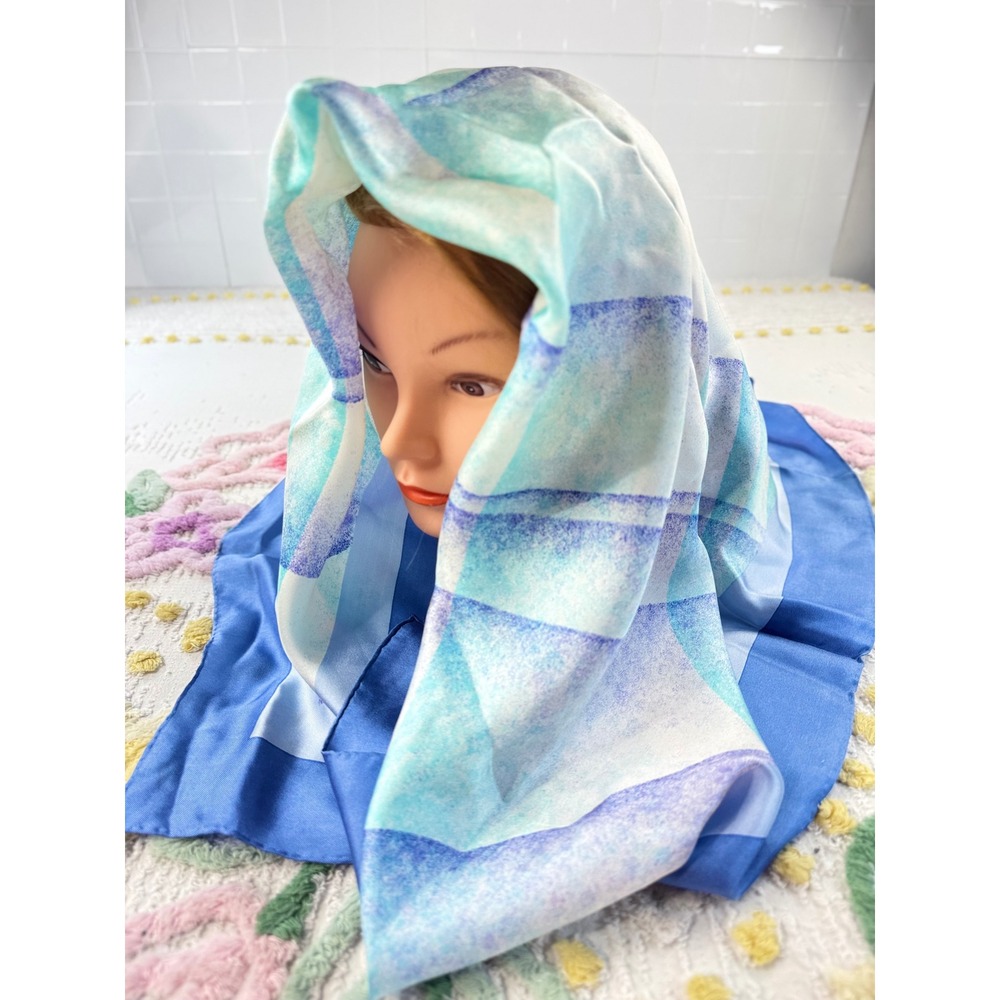 Echo Vintage 100% Silk Square Scarf Blue Teal Geometric Plaid Made in Japan 30"
